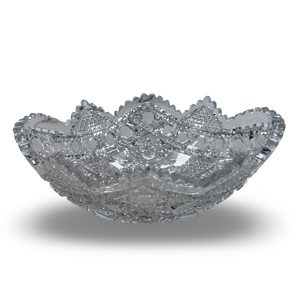 Antique American Brilliant Period Cut Glass Oval Bowl Hobstar Sawtooth 11" READ